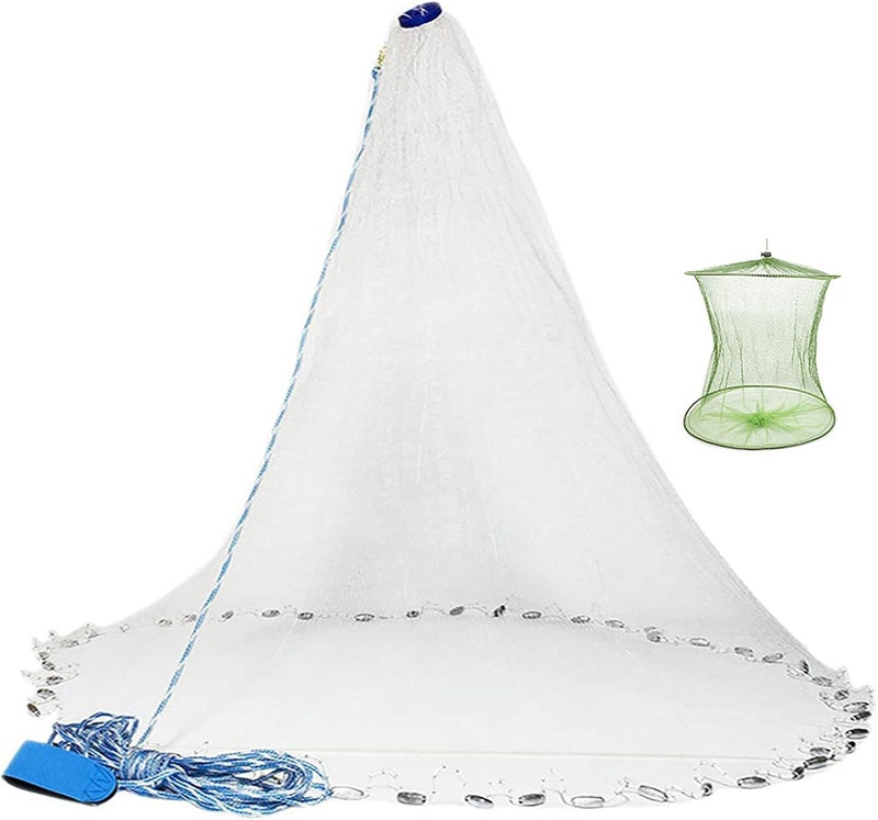 Yeahmart American Saltwater Fishing Cast Net for Bait Trap Fish 3ft/4ft/5ft/6ft/7ft/8ft/9ft/10ft Radius Casting Nets with Heavy Duty Real Zinc Sinker Weights, 3/8inch Mesh Size - Image 1