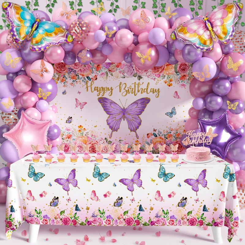 TREWAVE Butterfly Birthday Decorations Party Supplies for Girls Women with Pink Purple Balloon Arch Kit Backdrop Tablecloth Butterfly Wall Decor Foil Balloons Cake Toppers - Image 1