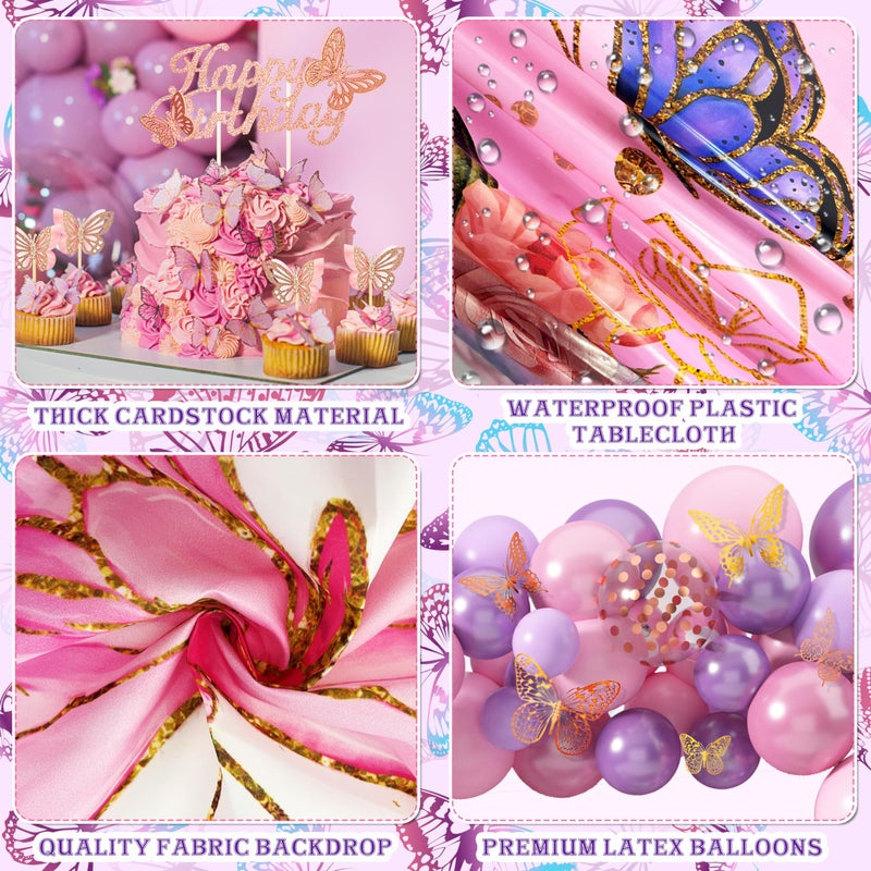 TREWAVE Butterfly Birthday Decorations Party Supplies for Girls Women with Pink Purple Balloon Arch Kit Backdrop Tablecloth Butterfly Wall Decor Foil Balloons Cake Toppers - Image 4
