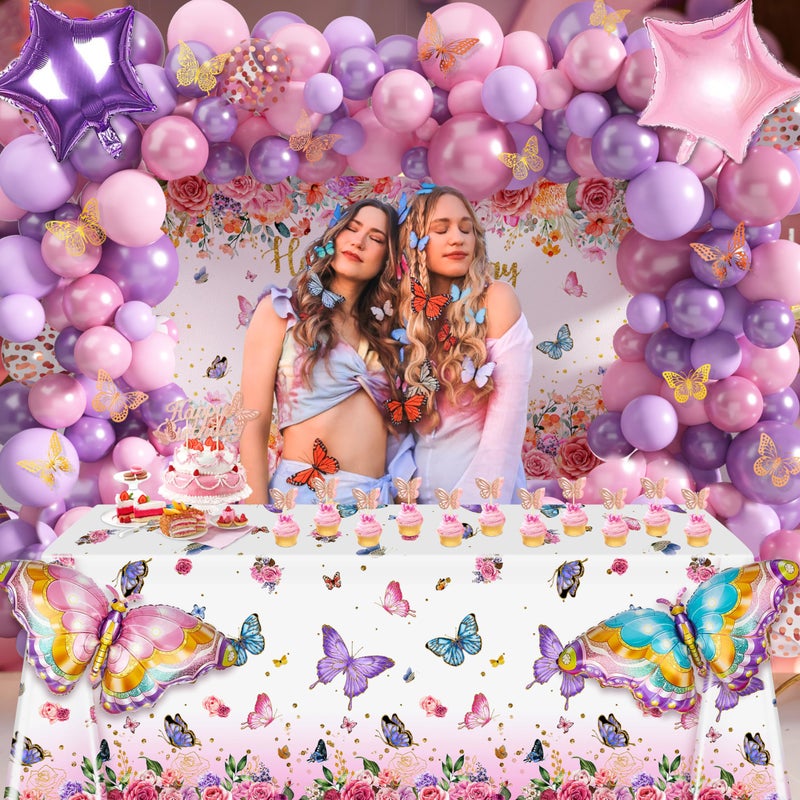 TREWAVE Butterfly Birthday Decorations Party Supplies for Girls Women with Pink Purple Balloon Arch Kit Backdrop Tablecloth Butterfly Wall Decor Foil Balloons Cake Toppers - Image 5