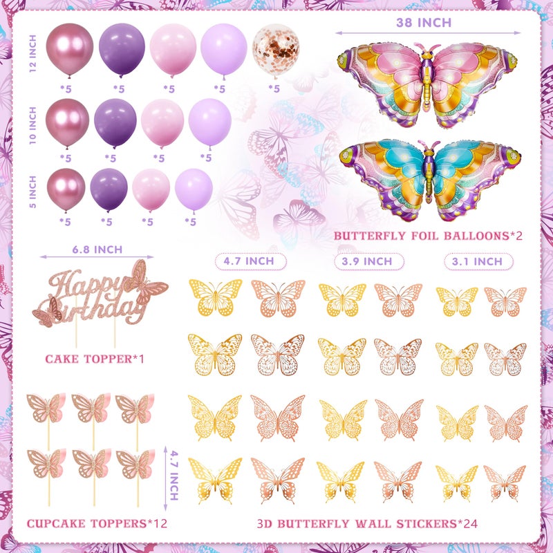 TREWAVE Butterfly Birthday Decorations Party Supplies for Girls Women with Pink Purple Balloon Arch Kit Backdrop Tablecloth Butterfly Wall Decor Foil Balloons Cake Toppers - Image 3