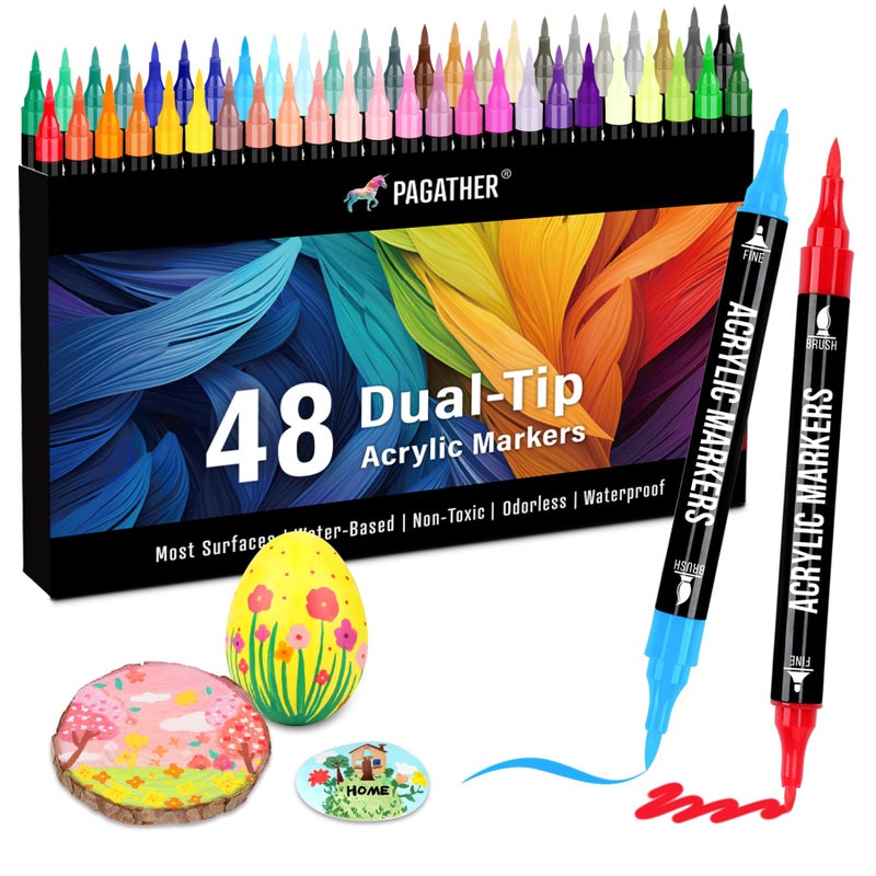 Pagather 48 Colors Acrylic Paint Markers Dual Tip with Fine Tip and Brush Tip Pens for Stone Wood Calligraphy Canvas Ceramic Metal Glass Rock Painting DIY Crafts