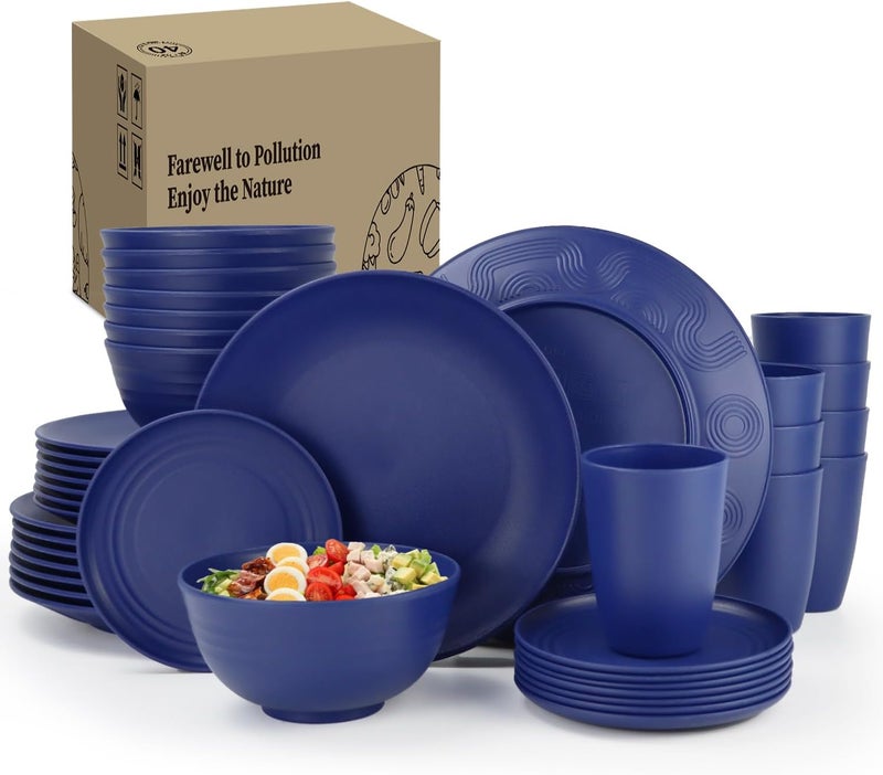 Homienly 40 Pcs Wheat Straw Dinnerware Sets, Dinner Plates, Cups, Pasta Bowls, Dishes Set For 8, Microwave Safe Plates and Bowls Sets, Blue - Image 1