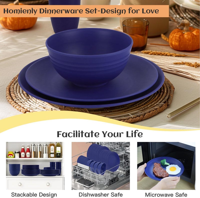 Homienly 40 Pcs Wheat Straw Dinnerware Sets, Dinner Plates, Cups, Pasta Bowls, Dishes Set For 8, Microwave Safe Plates and Bowls Sets, Blue - Image 5