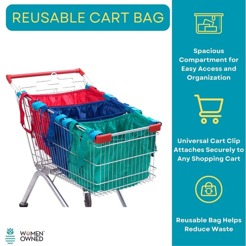 Handy Sandy Cart Caddy â€“ 3-Pack Reusable Shopping Bags with Cart Clips | Heavy-Duty Grocery Organizer Tote Set | Eco-Friendly, Foldable, 40 lb Capacity | Green - Image 4