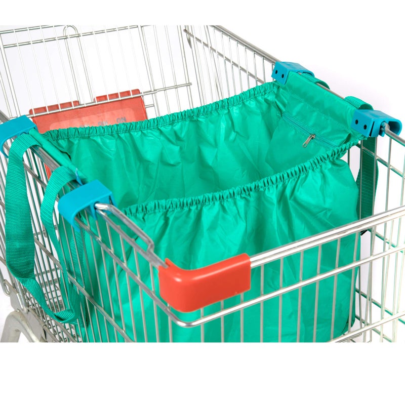 Handy Sandy Cart Caddy â€“ 3-Pack Reusable Shopping Bags with Cart Clips | Heavy-Duty Grocery Organizer Tote Set | Eco-Friendly, Foldable, 40 lb Capacity | Green - Image 2