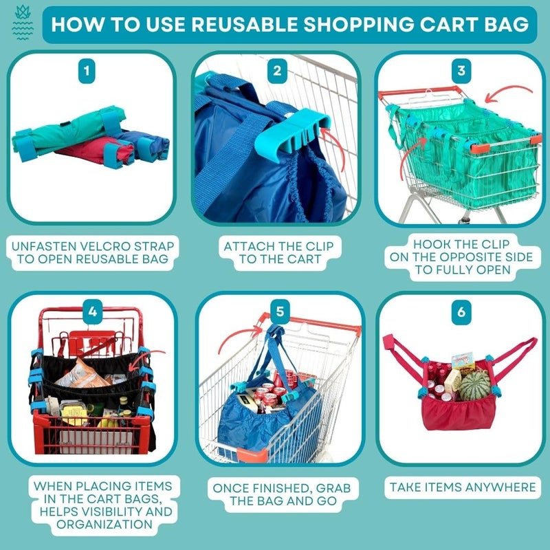 Handy Sandy Cart Caddy â€“ 3-Pack Reusable Shopping Bags with Cart Clips | Heavy-Duty Grocery Organizer Tote Set | Eco-Friendly, Foldable, 40 lb Capacity | Green - Image 5