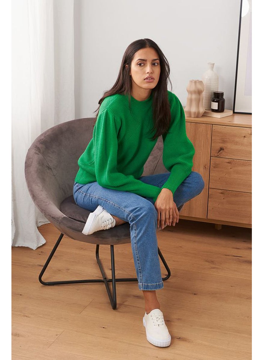 Tchibo Women Crew Neck Long Sleeve Plain Sweater, Green  - Image 1