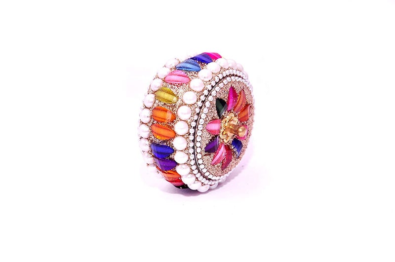 SM Creations Decorative Jewelry Box 6 cm x 6 cm x 3 CM Pack of 2pc Decorative Vanity Box Sindoor Dabbi Kumkum Dani Handicraft box Silvermulticolor best for gift and personal use - Image 3