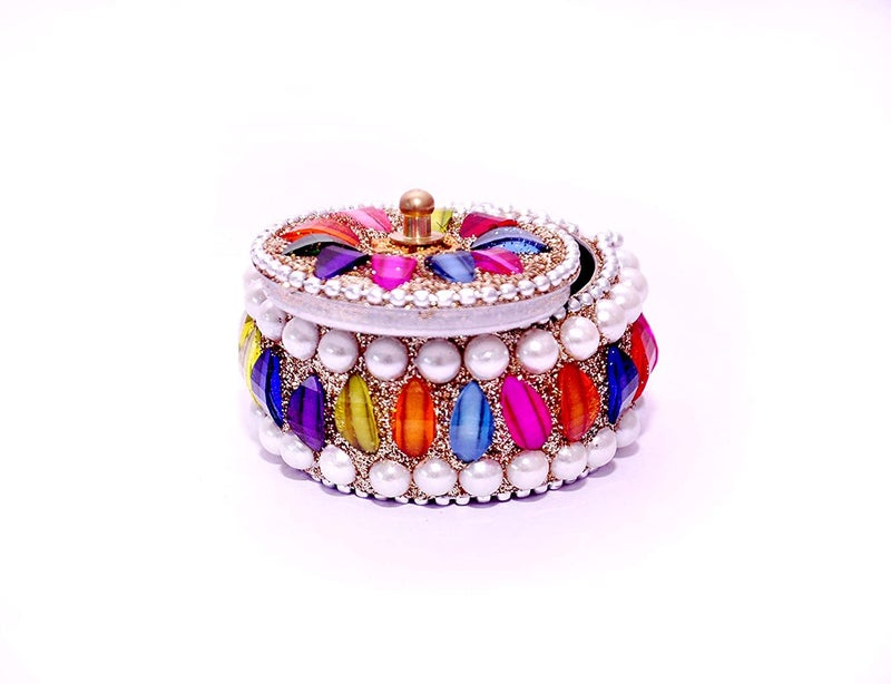 SM Creations Decorative Jewelry Box 6 cm x 6 cm x 3 CM Pack of 2pc Decorative Vanity Box Sindoor Dabbi Kumkum Dani Handicraft box Silvermulticolor best for gift and personal use - Image 2