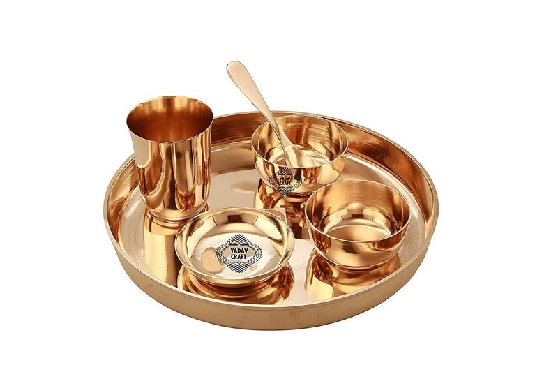 Yadav Craft Bronze Dinner Thali Set - 6 Pieces, Gold, Solid - Image 1