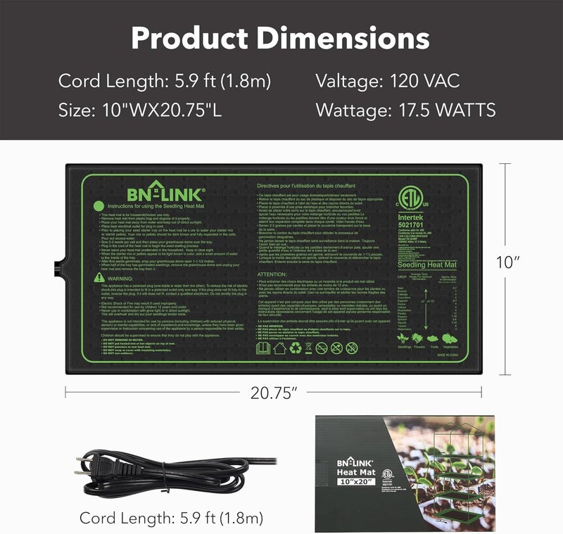 BN-LINK Seedling Heat Mat for Seed Starting 10" x 20.75", 4 Pack Daisy Chainable Waterproof Warming Mat Plant Heating Pad for Seed Germination, Indoor Growing, Hydroponic, Greenhouse, ETL Listed - Image 5