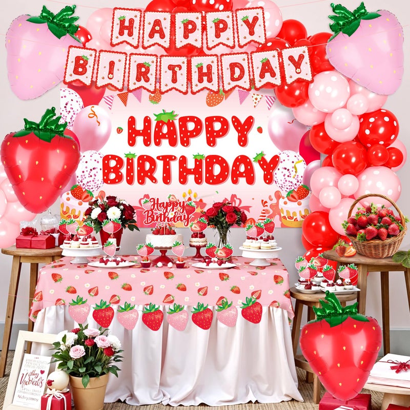 Kriyokiaa Strawberry Birthday Party Decorations for Girls Berry Shortcake Party Set with Balloon Garland, Backdrop, Banners, Tablecloth & Cake Topper Berry Theme Party Supplies - Image 5