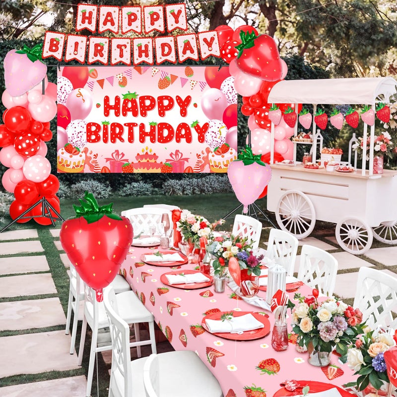 Kriyokiaa Strawberry Birthday Party Decorations for Girls Berry Shortcake Party Set with Balloon Garland, Backdrop, Banners, Tablecloth & Cake Topper Berry Theme Party Supplies - Image 3