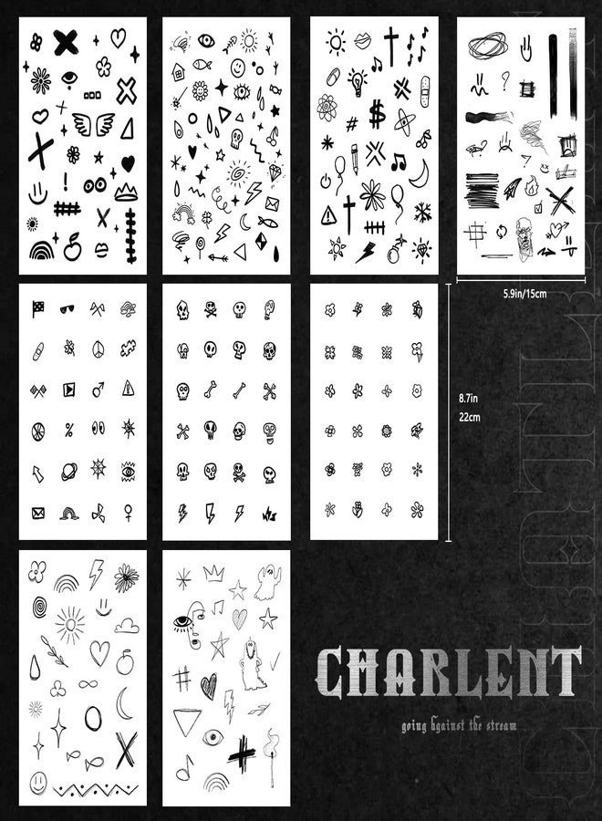 CHARLENT Small Doodles Temporary Tattoos For Adults - 9 Sheets Cute Tiny Fake Tattoos for Face Hand Finger/Realistic/Long Lasting - Image 2
