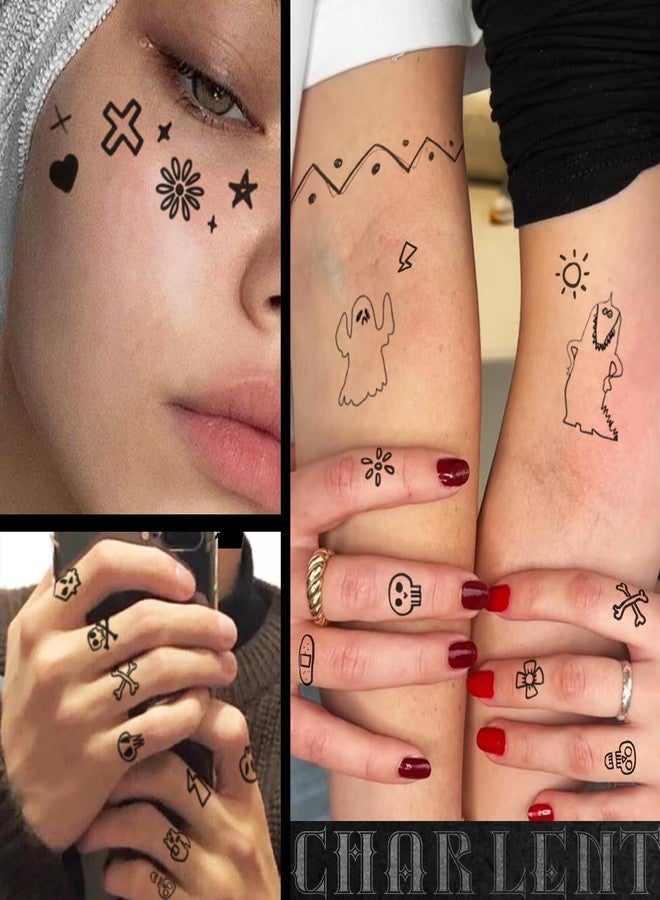 CHARLENT Small Doodles Temporary Tattoos For Adults - 9 Sheets Cute Tiny Fake Tattoos for Face Hand Finger/Realistic/Long Lasting - Image 3