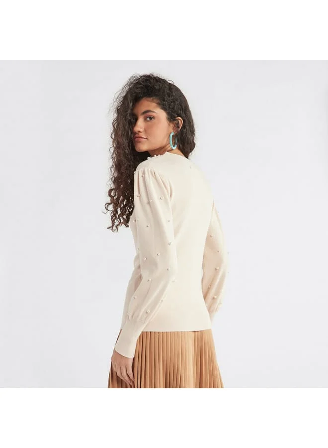 Splash FAV Pearl Embellished Sweater with Long Sleeves
