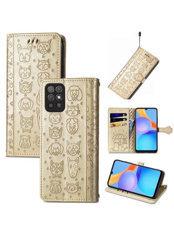 اس-توب جراب هاتف Honor Play 5T Youth من الجلد بتصميم أفقي منقوش عليه قطة وكلب مع حامل وفتحة بطاقة ومحفظة وحبل تعليق - Image 1