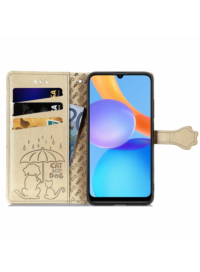 اس-توب جراب هاتف Honor Play 5T Youth من الجلد بتصميم أفقي منقوش عليه قطة وكلب مع حامل وفتحة بطاقة ومحفظة وحبل تعليق - Image 3