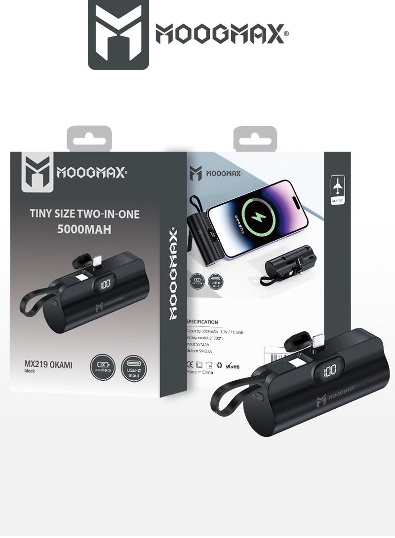 MOOGMAX 2-in-1 Super Tiny Size Mini Power Bank 5000mAh and the size of a lipstick pen. powerbank light weight makes it easy to carry and use. power bank fast charging It has two ports lightning and a side Type-C port-supports fast charging - Image 2