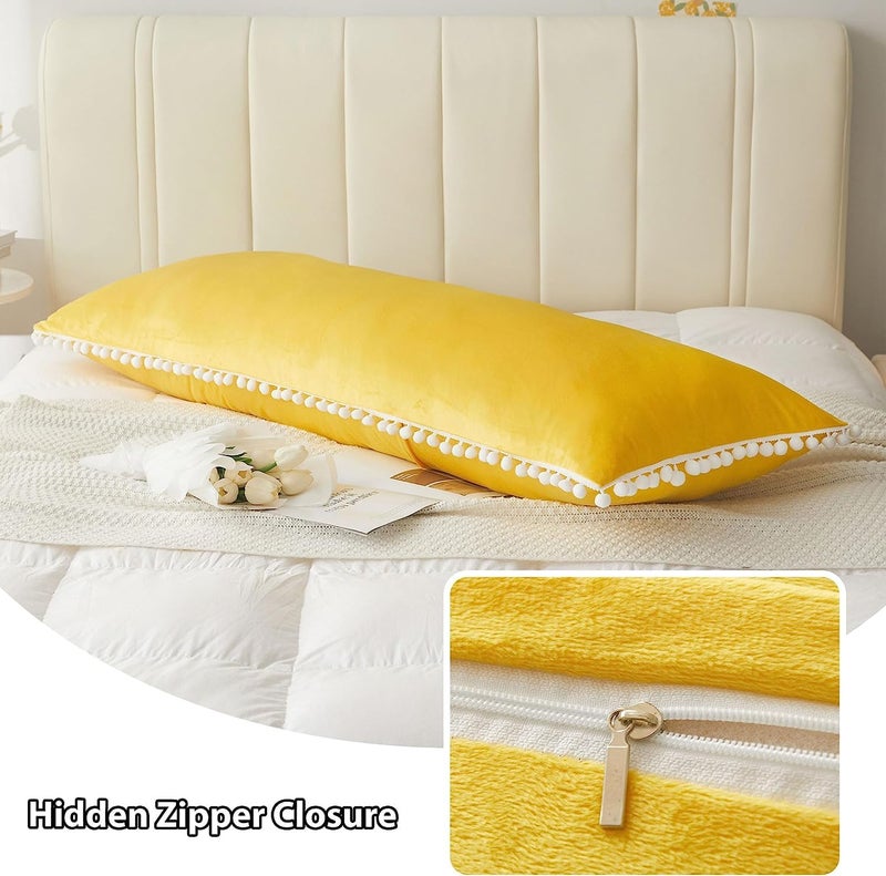 Cottonfry Ultra Soft Velvet Body Pillow Cover/Case Pillowcase with Hidden Zipper, Zippered Body Pillow Case (Yellow with Pompom, 20x54) - Image 5