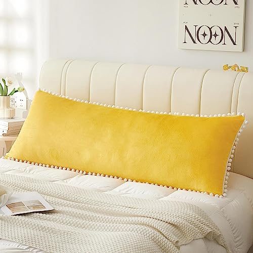 Cottonfry Ultra Soft Velvet Body Pillow Cover/Case Pillowcase with Hidden Zipper, Zippered Body Pillow Case (Yellow with Pompom, 20x54) - Image 1