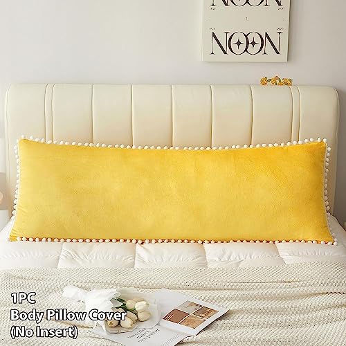 Cottonfry Ultra Soft Velvet Body Pillow Cover/Case Pillowcase with Hidden Zipper, Zippered Body Pillow Case (Yellow with Pompom, 20x54) - Image 2