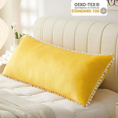 Cottonfry Ultra Soft Velvet Body Pillow Cover/Case Pillowcase with Hidden Zipper, Zippered Body Pillow Case (Yellow with Pompom, 20x54) - Image 3