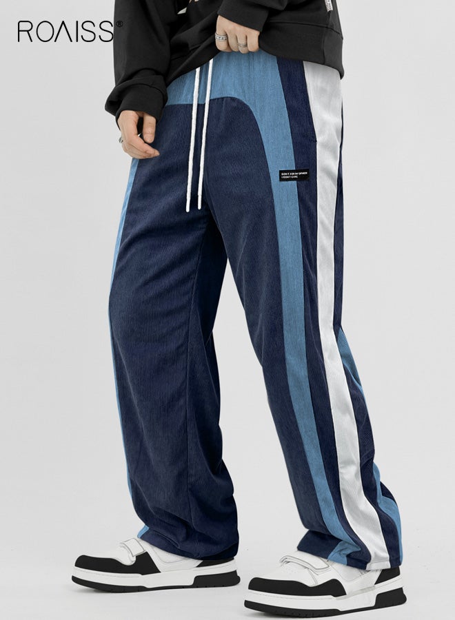 رويس بنطلون رجالي كاجوال فضفاض من قماش مخملي محكم يتميز برباط خصر قابل للتعديل وبنطلون مستقيم من القماش القابل للتهوية مناسب لجميع المواسم، تصميم مخطط للمشي لمسافات طويلة والجري بأسلوب ملابس الشارع - Image 1