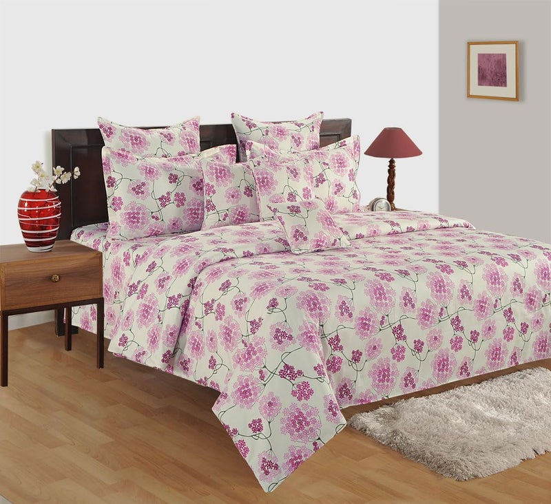 Swayam Sparkle Collection Basic Comfort Roto Cotton 144TC Floral Print King Fitted Bedsheet with 2 Pillow Covers - Pink - Image 1