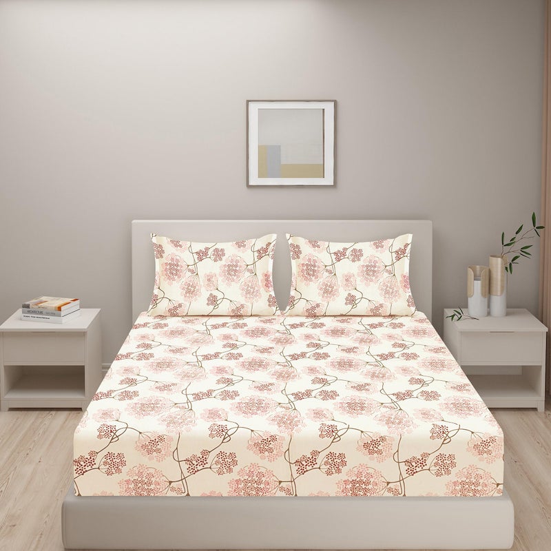 Swayam Sparkle Collection Basic Comfort Roto Cotton 144TC Floral Print King Fitted Bedsheet with 2 Pillow Covers - Pink - Image 3