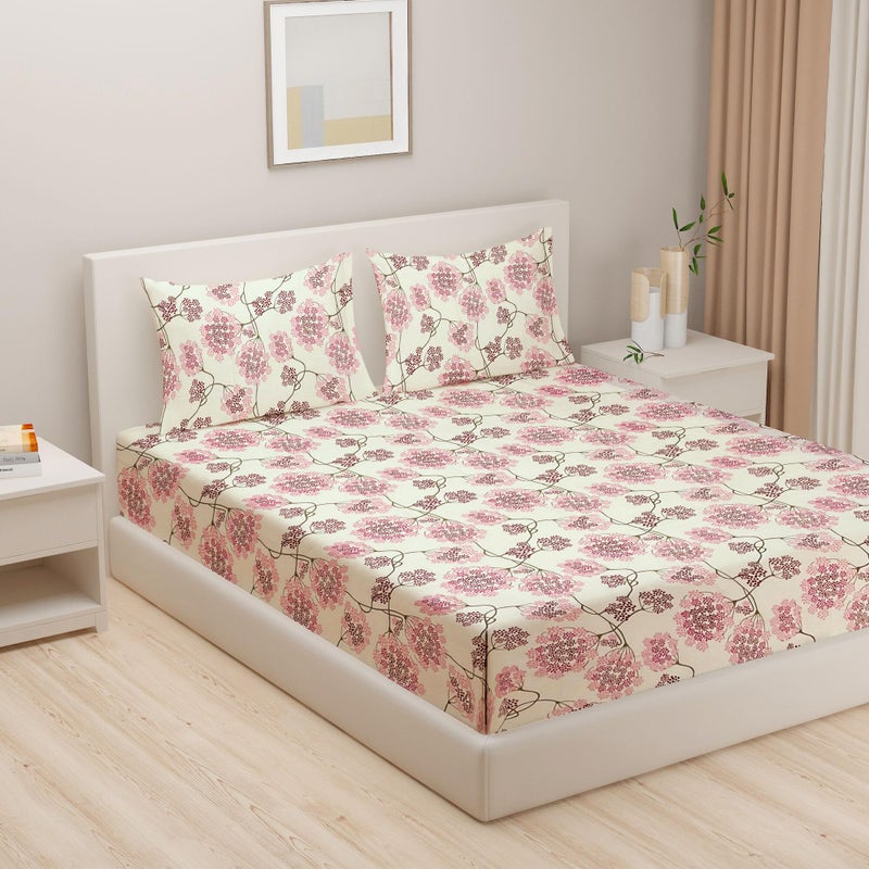 Swayam Sparkle Collection Basic Comfort Roto Cotton 144TC Floral Print King Fitted Bedsheet with 2 Pillow Covers - Pink - Image 2