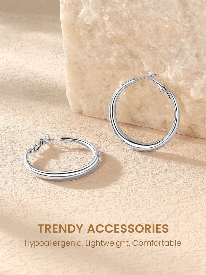 KeyStyle Stainless Steel Hoop Earrings for Women, Silver Post Graduated Hoops Hypoallergenic Round Earring Loops Everyday Jewelry 40 mm - Image 3
