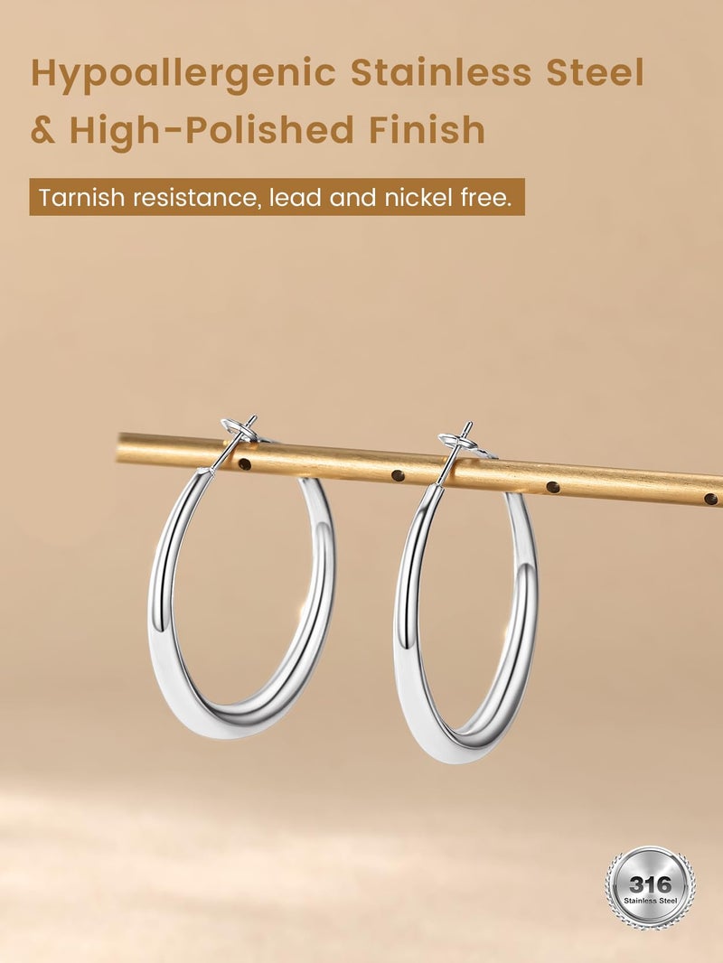 KeyStyle Stainless Steel Hoop Earrings for Women, Silver Post Graduated Hoops Hypoallergenic Round Earring Loops Everyday Jewelry 40 mm - Image 4