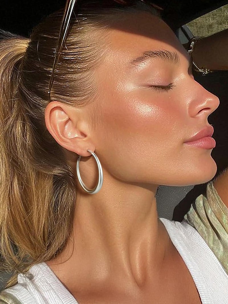 KeyStyle Stainless Steel Hoop Earrings for Women, Silver Post Graduated Hoops Hypoallergenic Round Earring Loops Everyday Jewelry 40 mm - Image 5