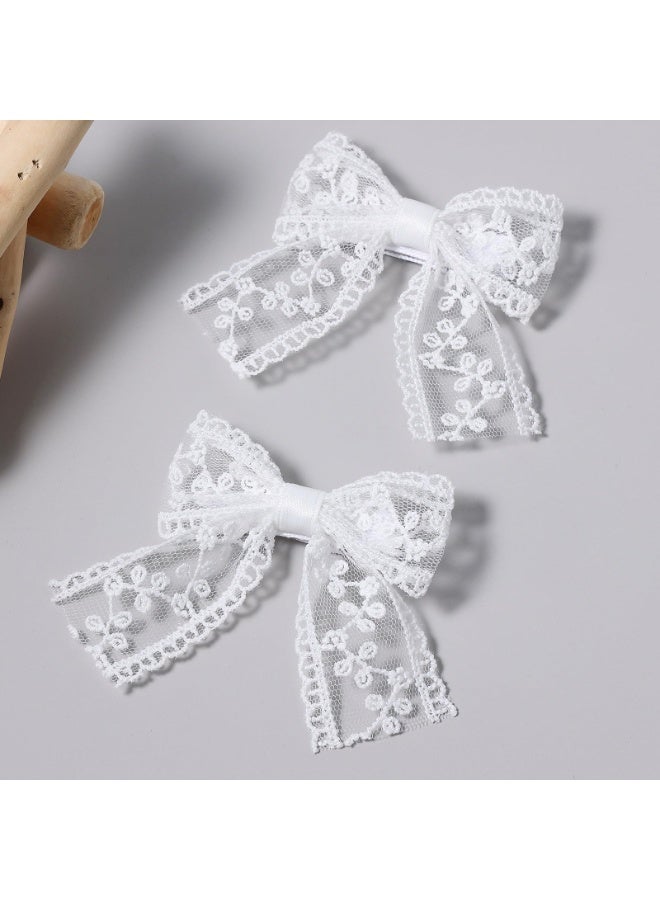 3" Small White Lace Hair Bow Clips with Long Tail Ribbon Bow Alligator Barrettes Pins Teen Toddler Baby Flower Girls Wedding Communion Pageant Birthday Party Dress Decor Accessories Gift（2PCS） - Image 2