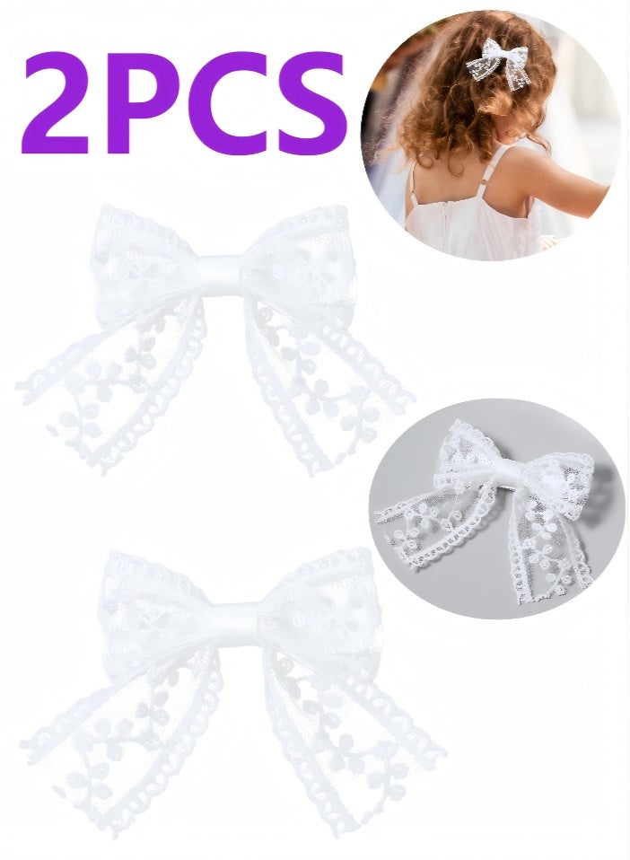 3" Small White Lace Hair Bow Clips with Long Tail Ribbon Bow Alligator Barrettes Pins Teen Toddler Baby Flower Girls Wedding Communion Pageant Birthday Party Dress Decor Accessories Gift（2PCS） - Image 1