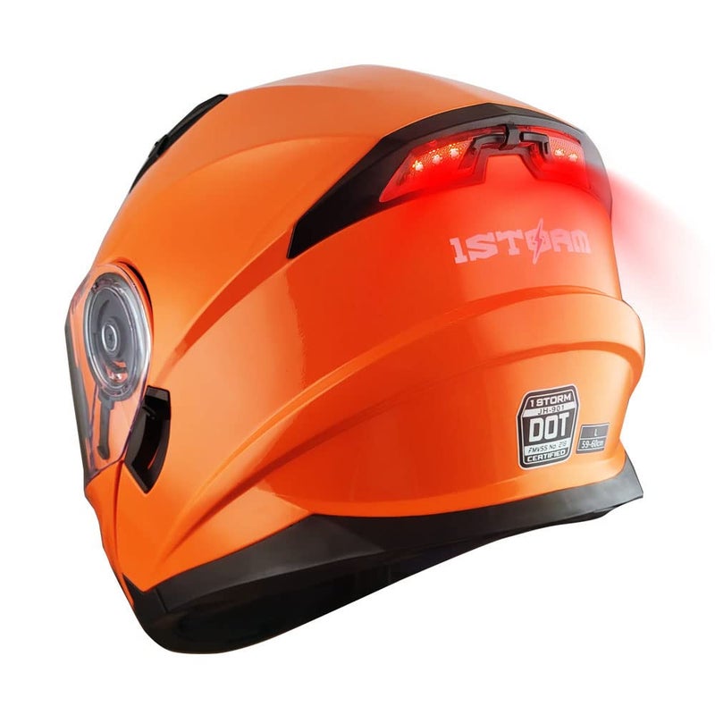 1Storm New Motorcycle Bike Modular Full Face Helmet Dual Visor Sun Shield with Rechargeable LED Tail Light Glossy Orange