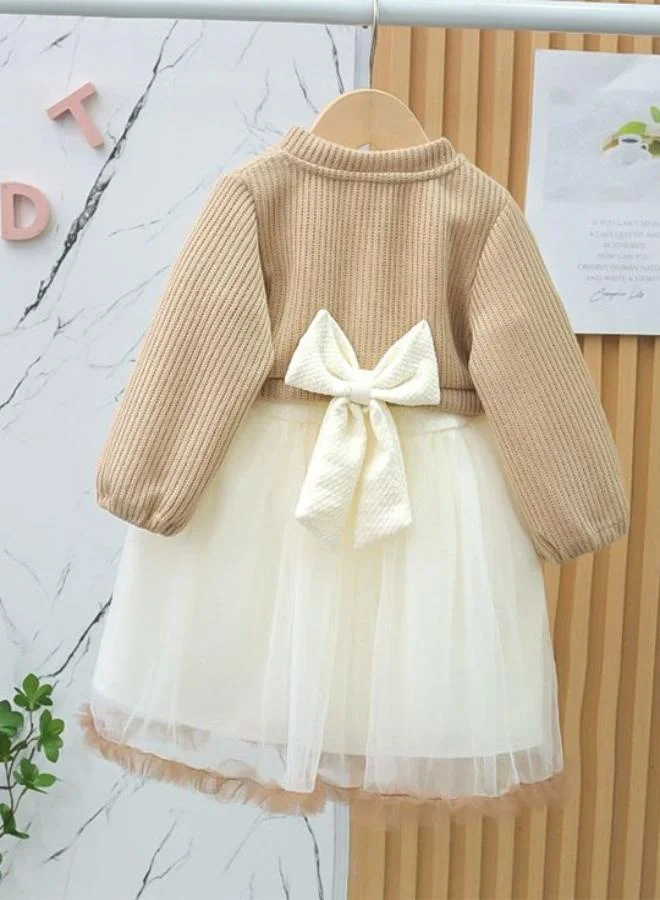 YUNIQEE Beige Fit & Flare Crew Neck Embellished Dress