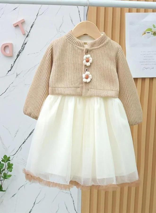 YUNIQEE Beige Fit & Flare Crew Neck Embellished Dress