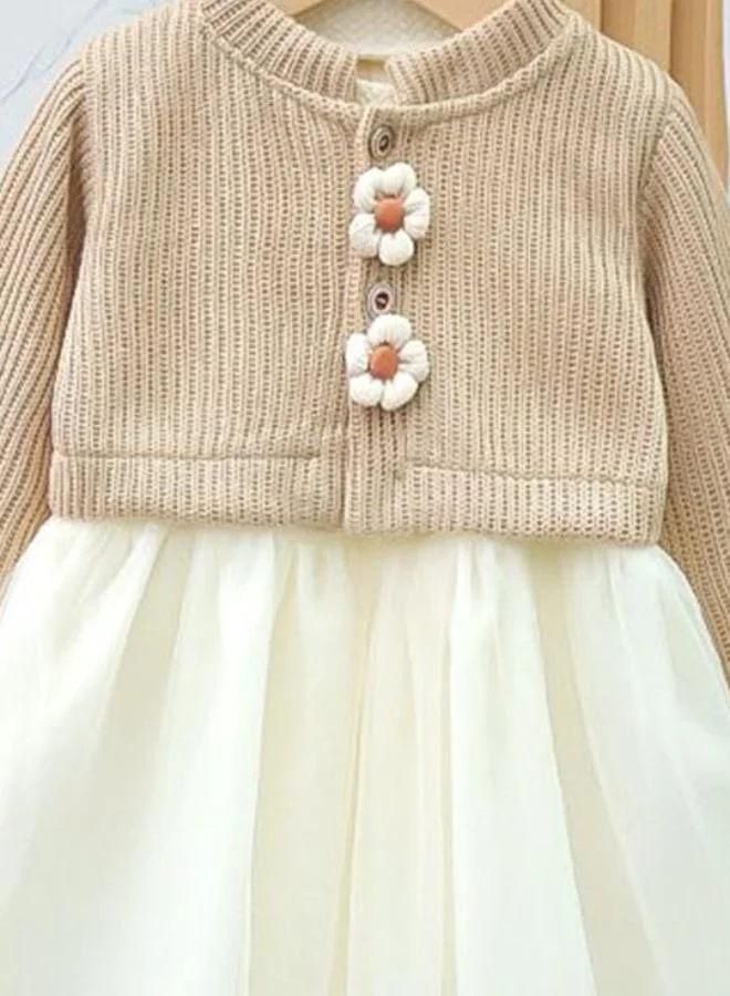 YUNIQEE Beige Fit & Flare Crew Neck Embellished Dress