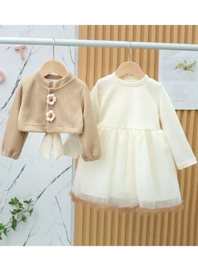 YUNIQEE Beige Fit & Flare Crew Neck Embellished Dress