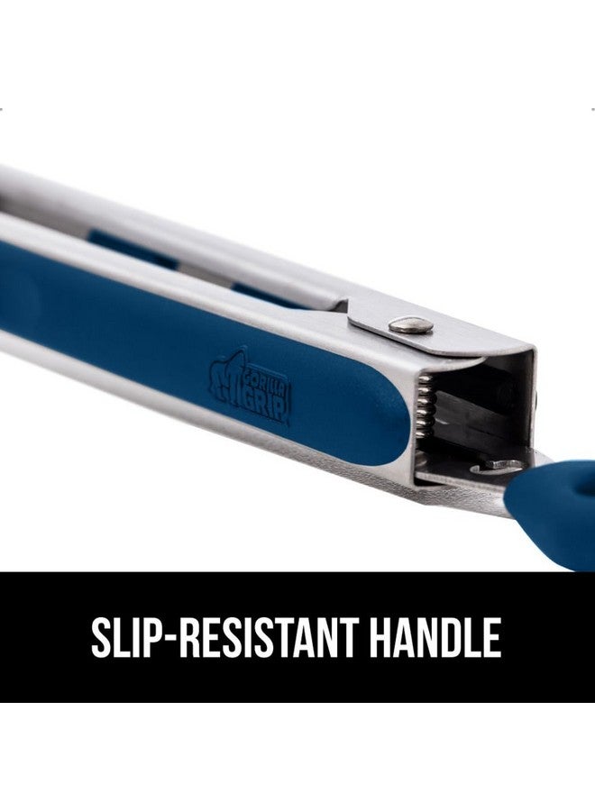 GORILLA GRIP Stainless Steel Heat Resistant Kitchen Tongs for Cooking, 9 + 12 Inch, Set of 2 BBQ Tong, Non Scratch Silicone Tip for Pan, Strong Grip, Grab Food, Toss Salad, Air Fryer, Pull Lock, Blue - Image 4