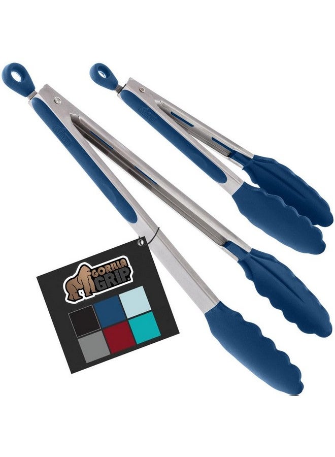 GORILLA GRIP Stainless Steel Heat Resistant Kitchen Tongs for Cooking, 9 + 12 Inch, Set of 2 BBQ Tong, Non Scratch Silicone Tip for Pan, Strong Grip, Grab Food, Toss Salad, Air Fryer, Pull Lock, Blue - Image 1