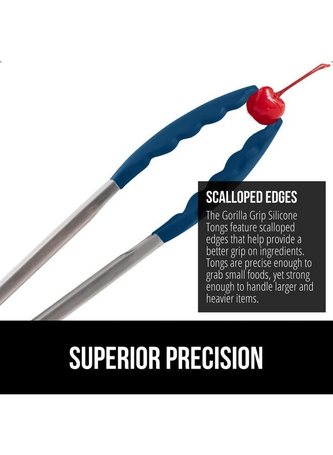GORILLA GRIP Stainless Steel Heat Resistant Kitchen Tongs for Cooking, 9 + 12 Inch, Set of 2 BBQ Tong, Non Scratch Silicone Tip for Pan, Strong Grip, Grab Food, Toss Salad, Air Fryer, Pull Lock, Blue - Image 3