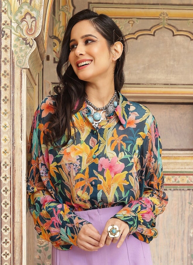 AKS Navy Blue Floral Printed Casual Shirt for Women - Image 2