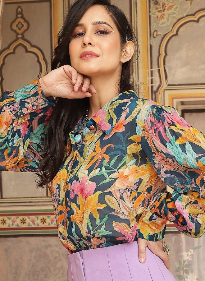 AKS Navy Blue Floral Printed Casual Shirt for Women - Image 3