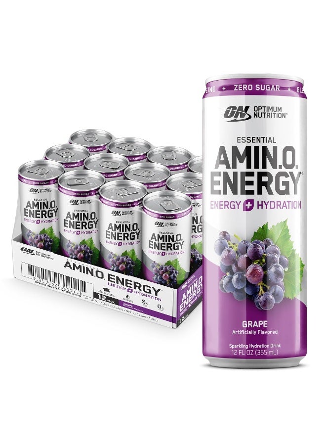 Optimum Nutrition Amino Energy Sparkling Hydration Drink, Electrolytes, Caffeine, Amino Acids, BCAAs, Sugar Free, Grape, 12 Fl Oz, 12 Pack - Image 1
