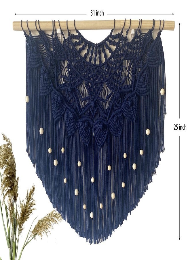 Youngeast Large Macrame Wall Hanging Boho Beaded Curtain for Window Macrame Bedroom Headboard Living Room Wall Art Tassel Tapestry Bohemian Woven Wall Decor 31" W X 25" H (Navy) - Image 2