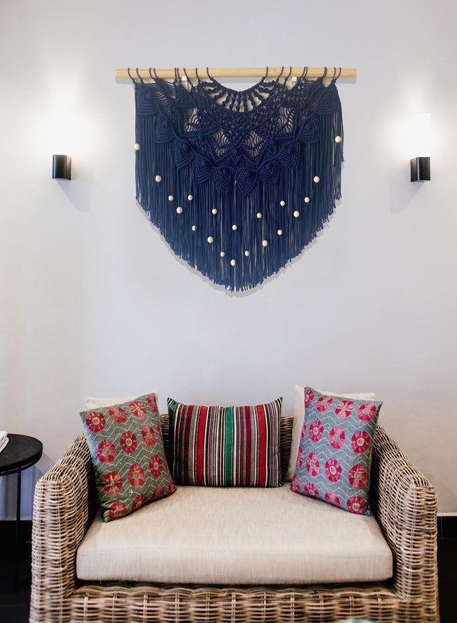 Youngeast Large Macrame Wall Hanging Boho Beaded Curtain for Window Macrame Bedroom Headboard Living Room Wall Art Tassel Tapestry Bohemian Woven Wall Decor 31" W X 25" H (Navy) - Image 3